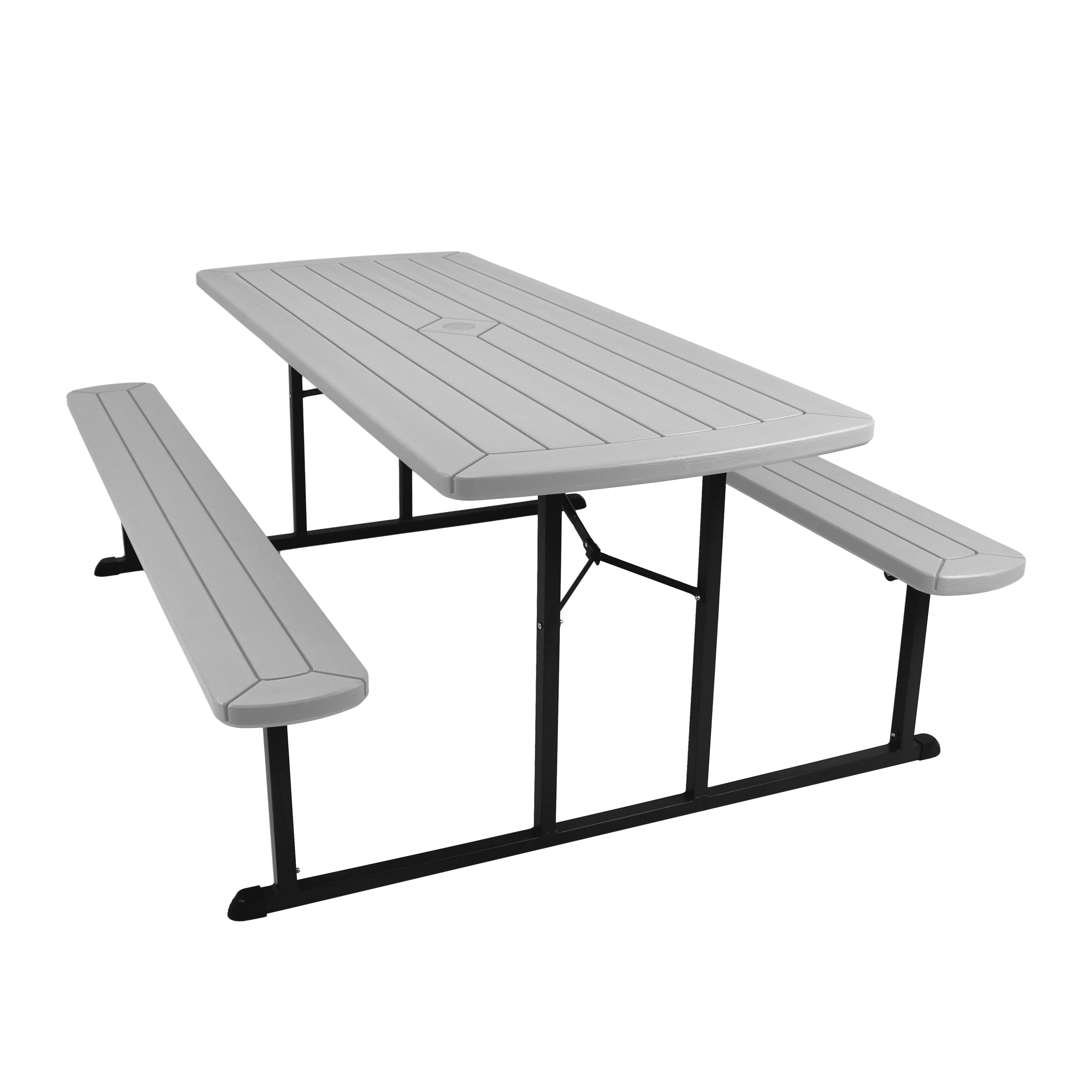 Hampden Furnishings Travis Collection Folding Picnic Table with Built-in Benches, UV-Resistant, Sturdy Outdoor Table with Umbrella Hole, Grey