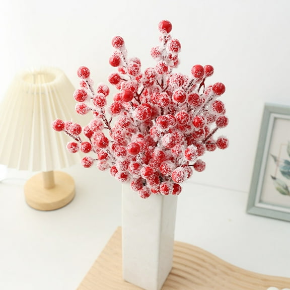 OEFNTAC 10PC Christmas Red Berry Branch Faux Snow Frost Picks Artificial Wreath Tree Garland Vase Arrangement Craft Decoration Flexible Bendable Realistic Set 8.85in Length Each