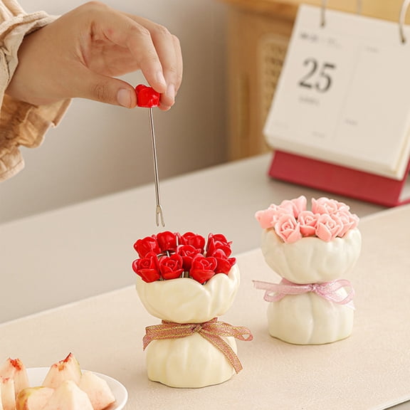 OEFNTAC 12PC Fruit Fork Set Valentines Day Rose Shaped Fruit Forks Creative Cute Dessert Forks Home Use Valentines Day Decoration Decorative Fruit Fork Design Quality Material Valentine Romance