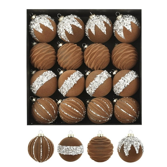 OEFNTAC 16PC Velvet Christmas Balls Flocked Tree Ornaments Plastic Hanging Brown Decor Multidimensional Texture Easy Hang Classic Winter Scene Versatile 2.4in Christmas Decorations