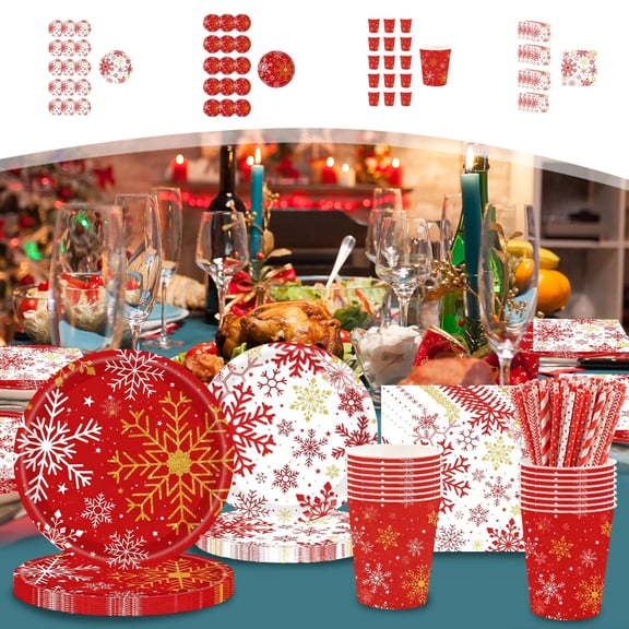 OEFNTAC 20PC Red Snowflake Christmas Tableware Set Disposable Plates Cups Napkins Paper Dinnerware Holiday Catering Festive Family Event Gathering Home Use 9.06x9.06in