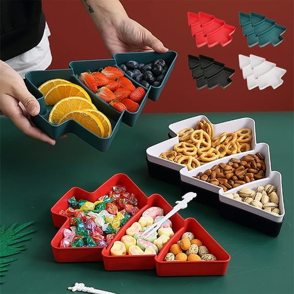 OEFNTAC 2PC Christmas Tree Shaped Fruit Snack Tray 3 Compartments Holiday Multi Section Plate Organizer Kitchen Event Dining Tableware Gift Tray 10x7.2x1.18in