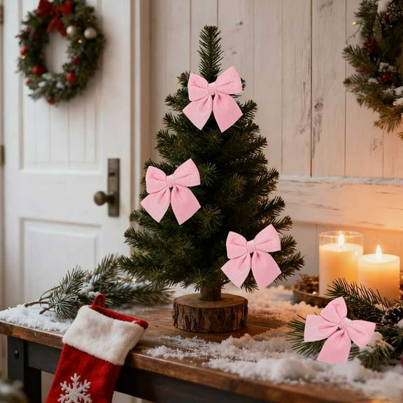 OEFNTAC 4PC Velvet Christmas Bow 3.54x3.93in Red Green Pink White Flocked Mini Tree Garland Decorative Wreath Set Soft Durable Festive Indoor Ornaments 3.54x3.93in