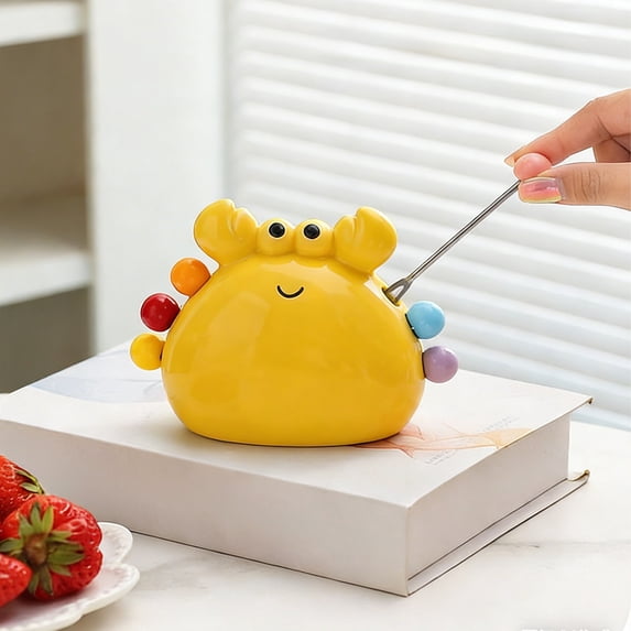 OEFNTAC 6PC Cute Crab Fruit Fork Set Stainless Steel Small Dessert Picks Ceramic Bracket Storage Jar 10.3x13.5cm Kid-Safe Party Snacks Appetizers Gift