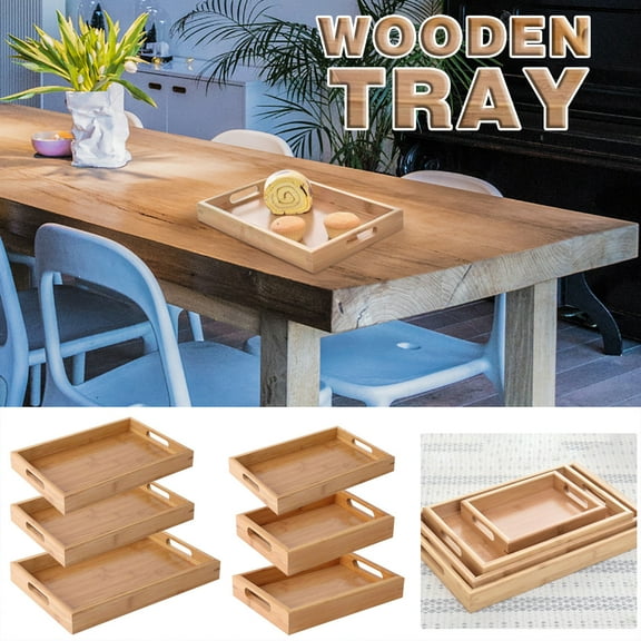 OEFNTAC Bamboo Wooden Serving Tray Multipurpose Kitchen Food Bread Tea Snack Breakfast Plate Raised Edge for Hotel Restaurant Party Home Easy Clean 12x6in