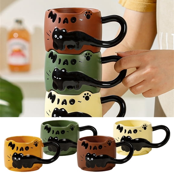 OEFNTAC Ceramic Cat Mug Stacking Relief Coffee Cup with Large Handle Kids Friendly English Letter Creative Tea Cup Office Home Decor Gift Unique Cat Lover Drinkware Cup