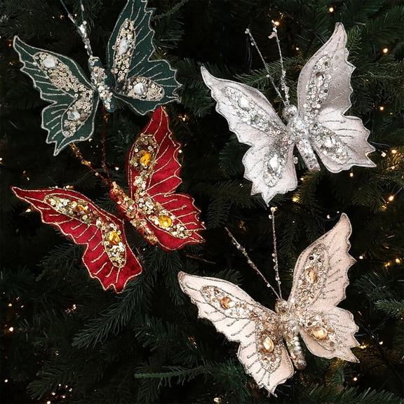 OEFNTAC Christmas Butterfly Clip Sequin Fabric 6.6x5.91in Decorative Wall Tree Ornament Layered Reusable Party Festive Home Event Window Door Decor 6.6x5.91in