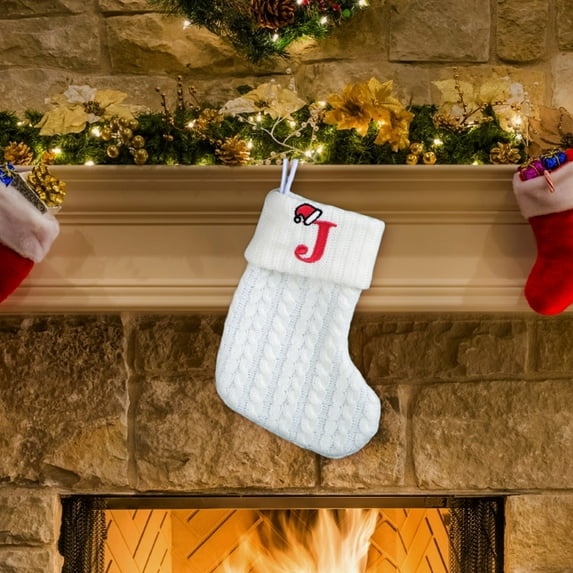 OEFNTAC Christmas Decorations Christmas Ornaments Knitted White Embroidered Letter Christmas Socks for Hanging on Christmas Tree
