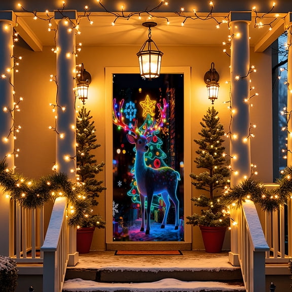 OEFNTAC Christmas Door Cover Polyester Tapestry Hanging Door Wrap Decoration Easy Install Holiday Party Entryway Merry Christmas Winter Door Decor Foldable Reusable Classroom 35x71in