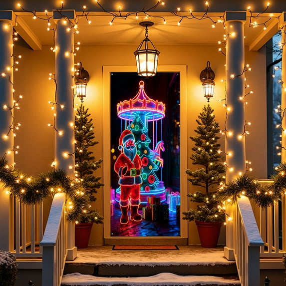 OEFNTAC Christmas Door Cover Polyester Tapestry Hanging Door Wrap Decoration Easy Install Holiday Party Entryway Merry Christmas Winter Door Decor Foldable Reusable Classroom 35x71in