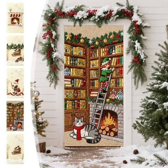 OEFNTAC Christmas Door Curtain 35x72in Stereoscopic Embroidery Style Polyester Wall Cover Panel Holiday Party Backdrop Home Door Decoration Festive Complete