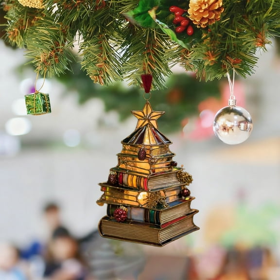 OEFNTAC Christmas Tree Ornament Plastic Hanging Festive Decoration Home Bookshelf Holiday Decor Small Bright Edge Print Gift for Reader Teacher Mini Christmas Tree Accessory 3.15in