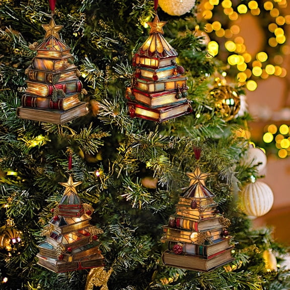 OEFNTAC Christmas Tree Ornament Plastic Hanging Festive Decoration Home Bookshelf Holiday Decor Small Bright Edge Print Gift for Reader Teacher Mini Christmas Tree Accessory 3.15in