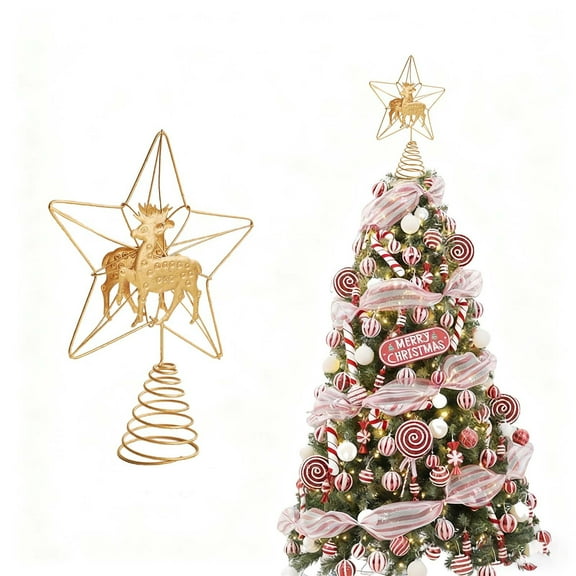 OEFNTAC Christmas Tree Top Star Ornament Five-Pointed Hollow Radiating 3D Decoration Holiday Scene Party Gold Iron Tree Topper Festive Silver Party Shine 7.4x5.5in