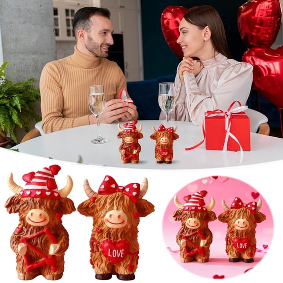 OEFNTAC Cupids Highland Cow Couple Figurine Set Valentines Romantic LED Heart Resin Statue Battery Included Sweet Anniversary Wedding Shelf Cake Mantel Table Cozy Home Gift Box Packaging 6in
