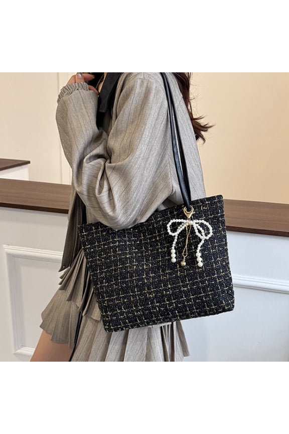 Decorations Checkered Shoulder Crossbody Handbag Plaid Bow Pearl Strap Elegant Black White Red Daily Shopping Travel Compact 10.6x9.4x3.5in for Ladies Fashion