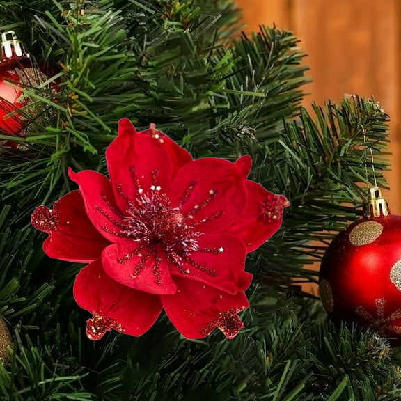 OEFNTAC Decorations Christmas Glitter Magnolia Flowers Artificial Stems for Tree Wreath Holiday Gift Decor 9.4x9.4in Xmas Decorations