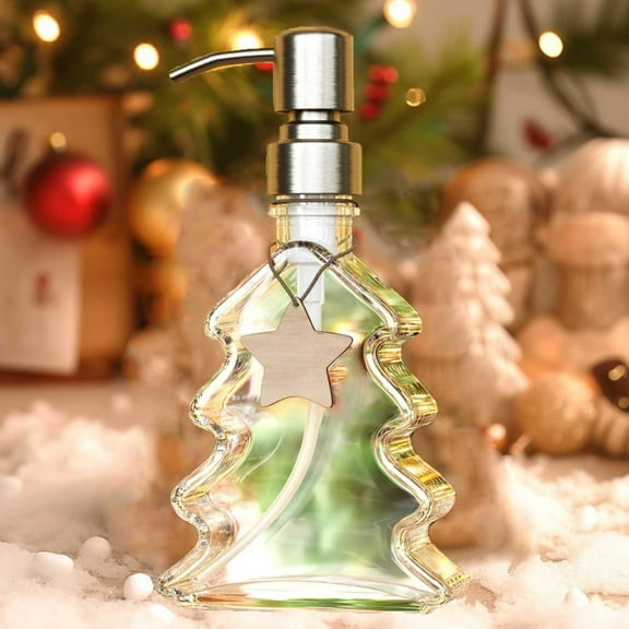 OEFNTAC Decorations Christmas Soap Dispenser Bathroom Holiday Tree Pump Glass 4x7.5in 300ml Decorative Hand Wash Bottle Gift Halloween Yard Decorations