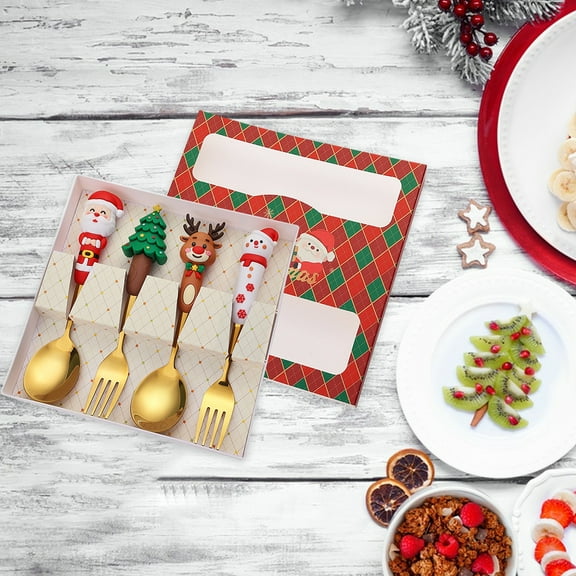 OEFNTAC Decorations Christmas Spoon Fork Set Cute Snowman Dessert Cutlery Gift Box Stainless Steel Coffee Tea Tableware Holiday 6.88in Christmas Decorations