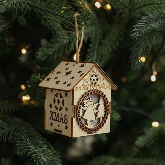 OEFNTAC Decorations Christmas Tree LED Wooden House Ornament Light Up Ambiance Festive Scene Decoration Festival Hut Home Decor 3.15x2.76x1.97in Christmas Decorations
