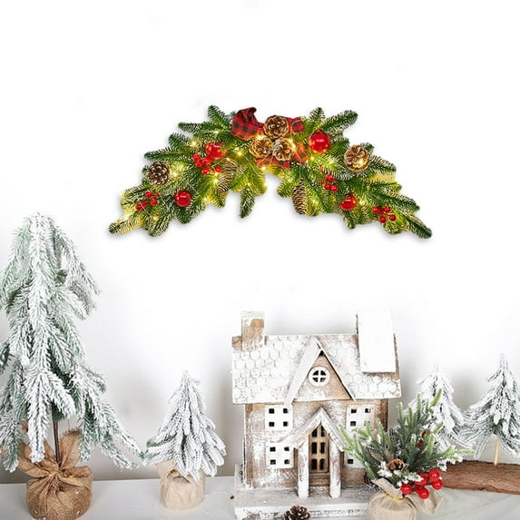 OEFNTAC Decorations Christmas Wreath Pre-lit with Ribbon Ball Ornaments LED Battery Door Window Mantle 27.5in PVC Multicolor Outdoor Christmas Decorations