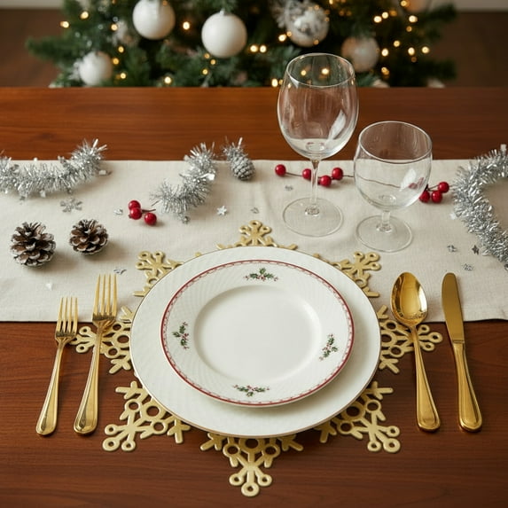 OEFNTAC Decorations Round Snowflake Placemat 15in Washable Heat Stain PVC Table Mat Holiday Wedding Party Decor Christmas Gifts