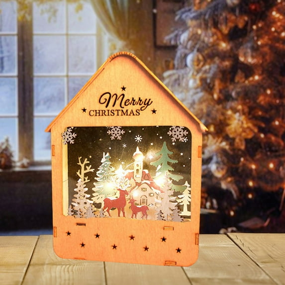 OEFNTAC Decorations Santa Claus Cabin Luminous Wooden House LED Desktop Ornament 5.9x5.9in Painted Night Light Christmas Home Holiday Gift Battery Powered Christmas Tree Decorations