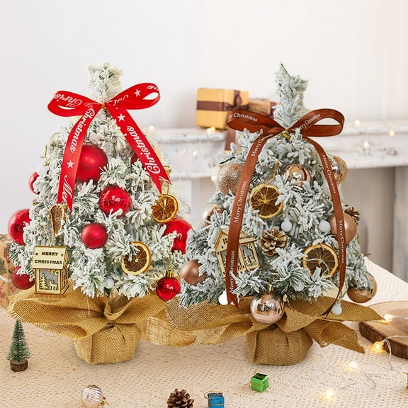 OEFNTAC Decorations Tabletop Mini Christmas Tree 17.71in Artificial with LED String Lights Wooden House Bow Ball Cone Lemon Holiday Decor Xmas Decorations