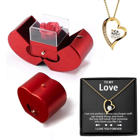 OEFNTAC Double Heart CZ Necklace Gift Box Set with Preserved Rose Foldable Heart Packaging Elegant Romantic Jewelry Present for Valentines Day Anniversary Birthday Wife Girlfriend Keepsake