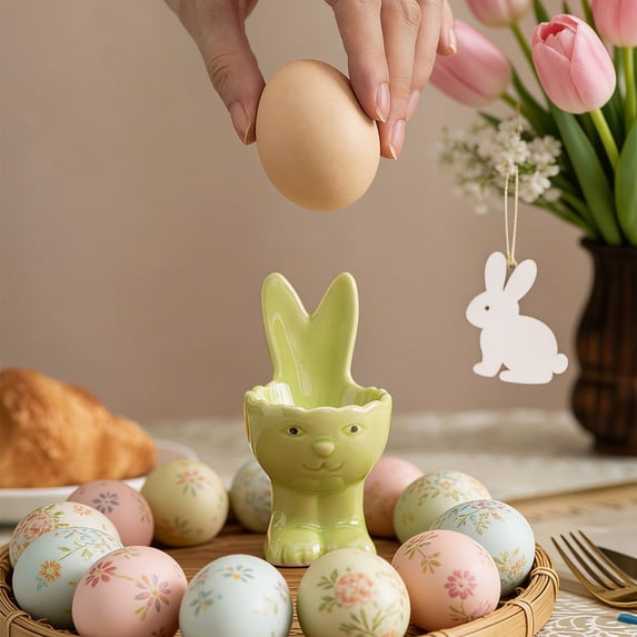 OEFNTAC Easter Egg Holder Ceramic Bunny Cup Compact Safe Tabletop Accessory Glossy Finish Home Dessert Holder Decorative Tray Raised Edge Spring Holiday Party Storage Organizer 4x2.4in
