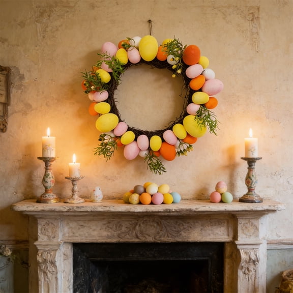 OEFNTAC Easter Egg Wreath Bright Foam Spring Front Door Artificial Green Leaf Home Wall Hanging Entryway Decor Colorful Festival Centerpiece 12.2in