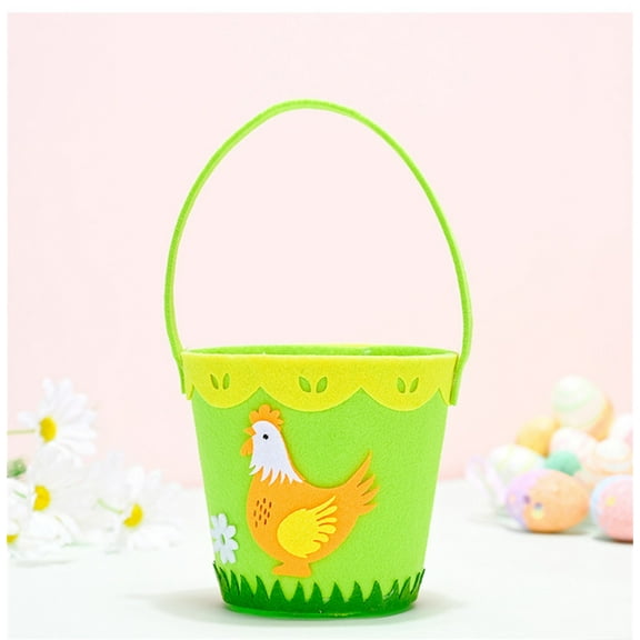 OEFNTAC Easter Portable Nonwoven Bucket Round Chick Basket for Kids Egg Hunt Candy Gift Tote Cute Foldable Colorful Reusable Storage Bag 9.4in x 3.9in