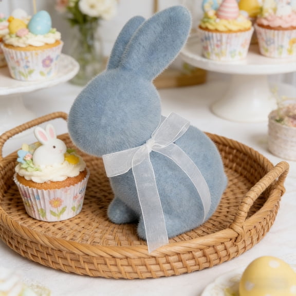 OEFNTAC Easter Themed Flocked Bow Bunny Figurine Foam Soft Flocked Texture Sitting Pose with Bow Lightweight Durable 8.6in