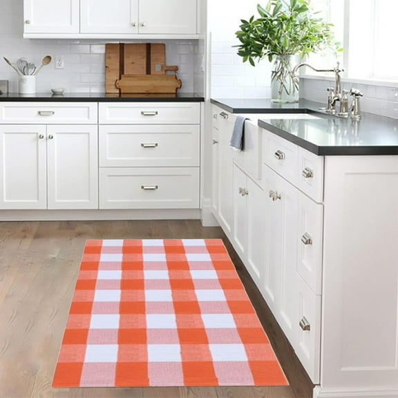 OEFNTAC Fall Outdoor Rug Orange Plaid Outdoor Rug Cotton Hand-Woven Check Rug Layered Doormats for Front Door Front Porch Farmhouses Entryway Patio 23.6''x 35.4''