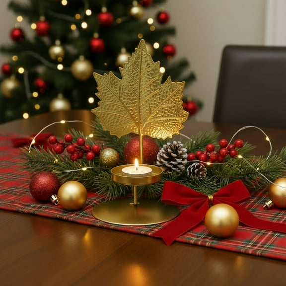 OEFNTAC Five Wrought Iron Candlesticks Set with Maple Leaf Butterfly Flower Designs Gold Finish for Romc Dining Table Living Room Decor 5.9x3.54in Each Vintage Style Xmas Decorations