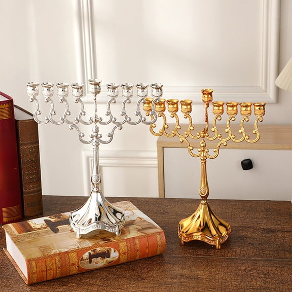 OEFNTAC Gold Plated 9 Branch Menorah Candle Holder Hanukkah Chanukah Shabbat Holiday Decor Alloy Material Stable Classic Vintage Gift Display Table Mantel Elegant Easy Decor Add Celebration Beauty