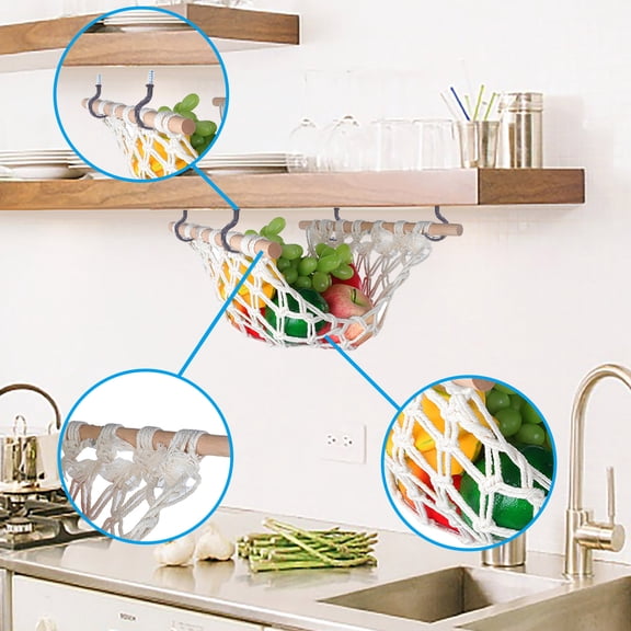 OEFNTAC Hand-Woven Rope Fruit Hanging Basket Modern Boho Wind Net Pocket Kitchen Organizer Under Cabinet Space Saver Vegetable Toy Holder Unique Durable Gift 19x12in