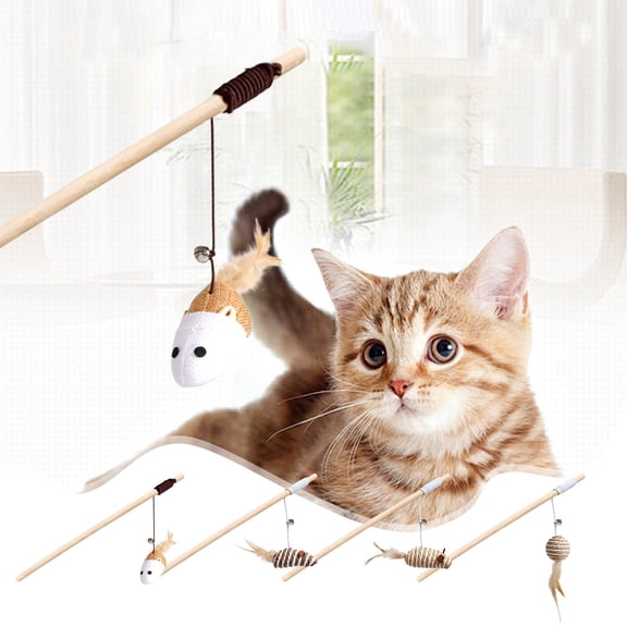 OEFNTAC Home and Kitchen Cat Teaser Wand Toy Wooden Handle Elastic Rope Bell Linen Feather Interactive Stick for Cats Play Pet Training 15.75in