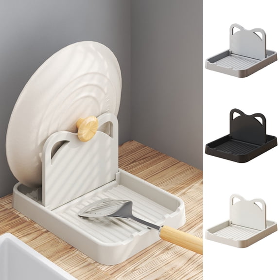 OEFNTAC Kitchen Countertop Foldable Cat Ear Pot Lid Utensil Rack Spoon Spatula Holder Drain Tray Organizer Plastic Space Saver Easy Clean Heat Resistant Home Tool White Gray