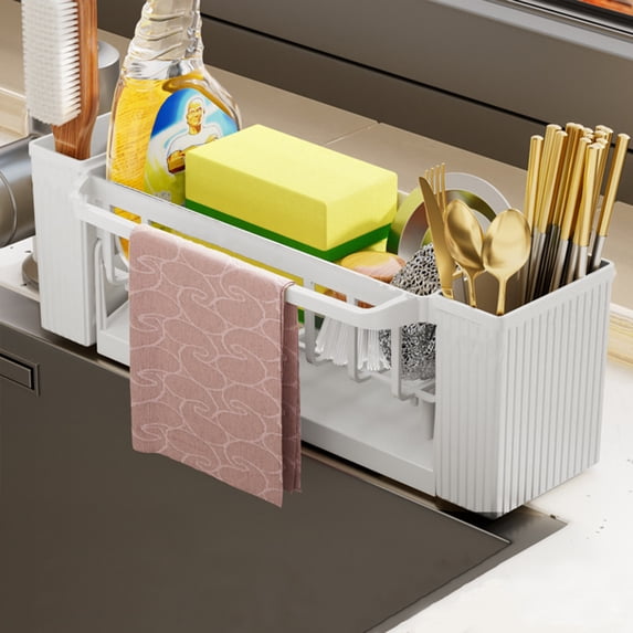 OEFNTAC Kitchen Sink Caddy Organizer Brush Sponge Auto Draining Tray Towel Holder Large Storage Plastic Stable Countertop for Cleaning Soap Washable Non Slip Multi Use FamilySafe 12.2x4.33x3.54in