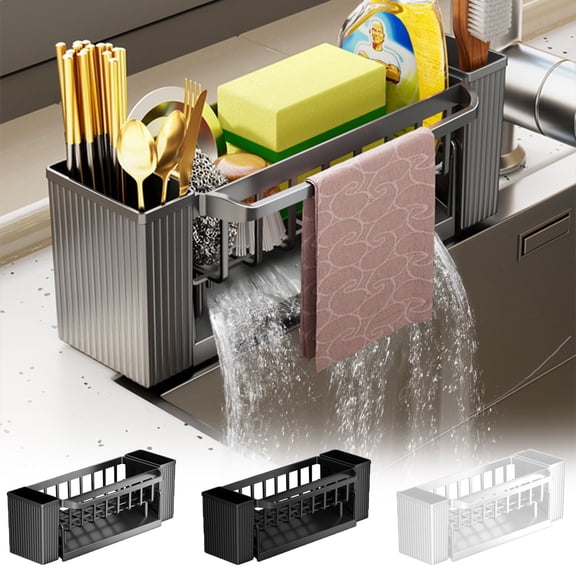 OEFNTAC Kitchen Sink Caddy Organizer Brush Sponge Auto Draining Tray Towel Holder Large Storage Plastic Stable Countertop for Cleaning Soap Washable Non Slip Multi Use FamilySafe 12.2x4.33x3.54in
