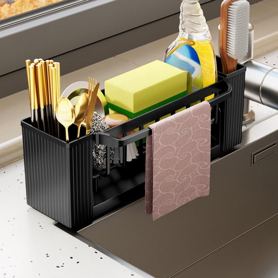 OEFNTAC Kitchen Sink Caddy Organizer Brush Sponge Auto Draining Tray Towel Holder Large Storage Plastic Stable Countertop for Cleaning Soap Washable Non Slip Multi Use FamilySafe 12.2x4.33x3.54in