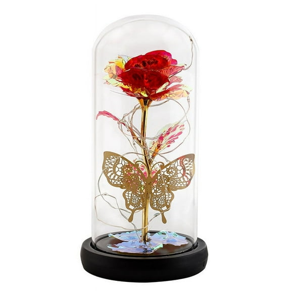 OEFNTAC LED Rose Flower Glass Dome Valentine Romantic Light Hollow Log Base Simulation Rose Birthday Anniversary Home Decor Gift Unique Crystal Arrangement 7.9in x 4.3in x 3.5in
