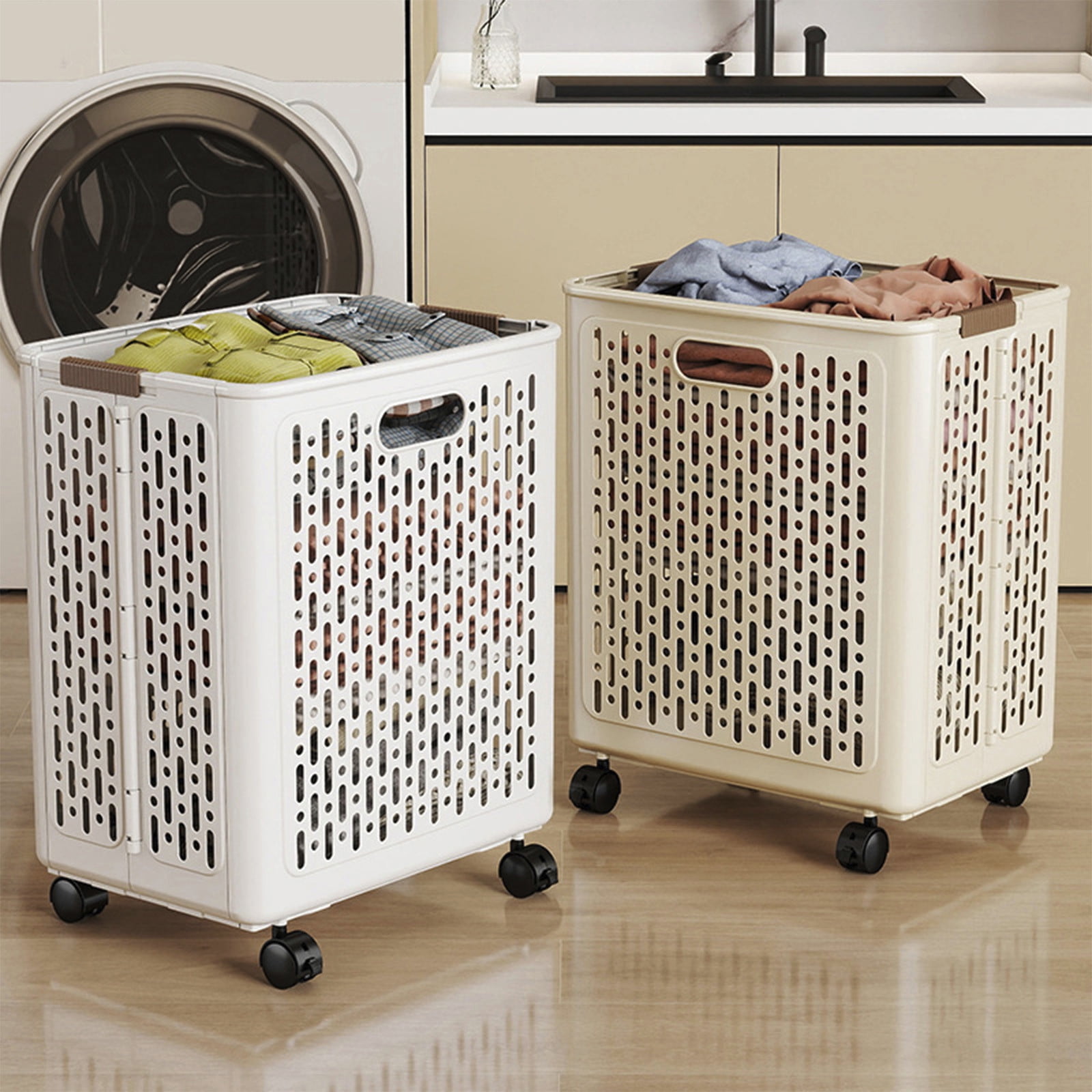 OEFNTAC Laundry Hamper Foldable Laundry Basket with Wheels and Handle Collapsible Hamper for Clothes Toys and Storage Beige Dirty Clothes Basket Laundry Bin