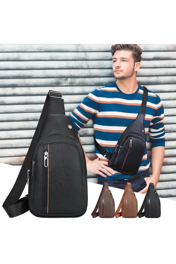 Leather Crossbody Chest Bag for Men, 12x6x2in Vintage Sling Pack with USB Port, Anti-Theft RFID Outdoor Travel Daypack, Adjustable Strap Fits 9.7in Tablet Phone Wallet