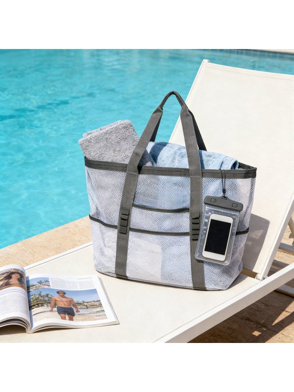 Mesh Beach Bag with Handles for Women Large Capacity Tote Bag Multiple Partitioned Compartments for Storage Bag Bathroom Toiletries Pool Bag