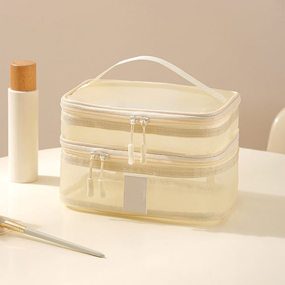 OEFNTAC Mesh Toiletry Bag Multi Layer Cosmetic Storage Organizer Large Capacity Business Trip Travel Pouch Transparent Quick Find Double Zipper Secure Hand Strap