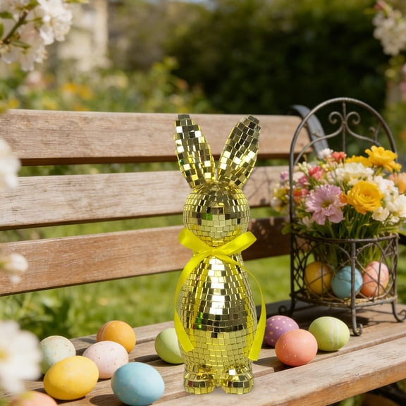 OEFNTAC Mirror Rabbits Decorative Ornament Easter Bunny Figurines Festival Dress Up Gift Foam Reflective Mirror Surface Standing Pose Smooth Finish 9.45in