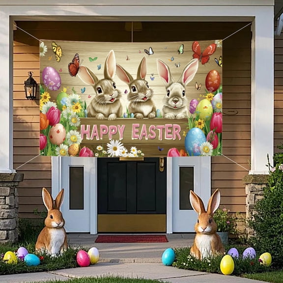 OEFNTAC Photography Background Easter Party Backdrop With Egg and Bunny Designs Vinyl Photo Prop for Indoor Outdoor Celebrations Easter Gifts Studio Events Spring Decor