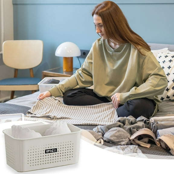 OEFNTAC Plastic Storage Basket Multipurpose Organizer Compact Perforated Container with Handles for Laundry Bathroom Bedroom Dormitory 10.43x6.69x4.72in Home and Kitchen